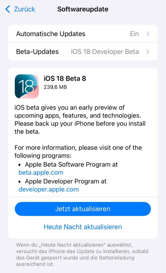 蔚县苹果手机维修分享苹果 iOS / iPadOS 18 开发者预览版 Beta 8 发布 